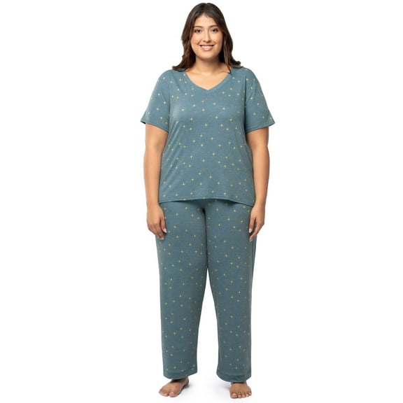 Fruit of the Loom Women's Soft & Breathable V-Neck Short Sleeve Top & Pajama Pant Set, Sizes S-4X