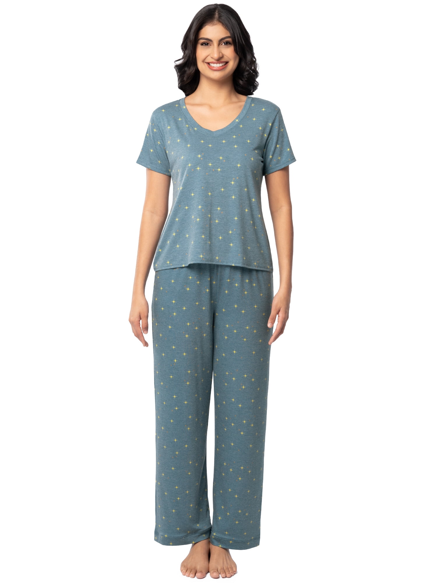 Fruit of the Loom Women's Soft & Breathable V-Neck Short Sleeve Top & Pajama Pant Set, Sizes S-4X