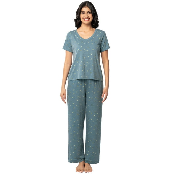 Fruit of the Loom Women's Soft & Breathable V-Neck Short Sleeve Top & Pajama Pant Set, Sizes S-4X