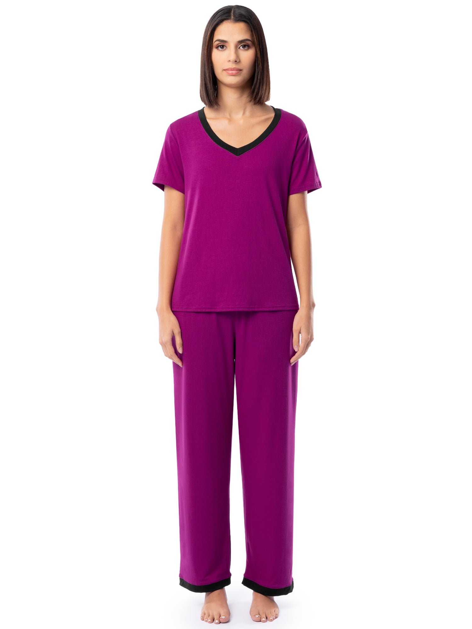 Fruit of the Loom Women's Soft & Breathable V-Neck Short Sleeve Top & Pajama Pant Set, Sizes S-4X