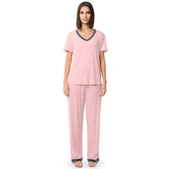 Fruit of the Loom Women's Soft & Breathable V-Neck Short Sleeve Top & Pajama Pant Set, Sizes S-4X