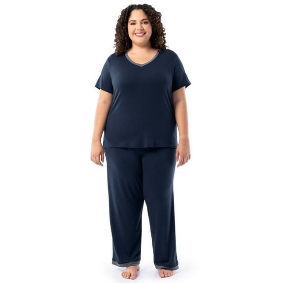 Fruit of the Loom Women's Soft & Breathable V-Neck Short Sleeve Top & Pajama Pant Set, Sizes S-4X