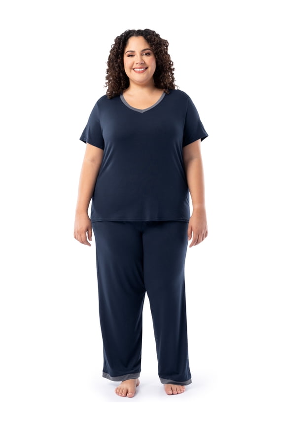 Women's Soft & Breathable V-Neck Short Sleeve Top & Pajama Pant Set, Sizes S-4X