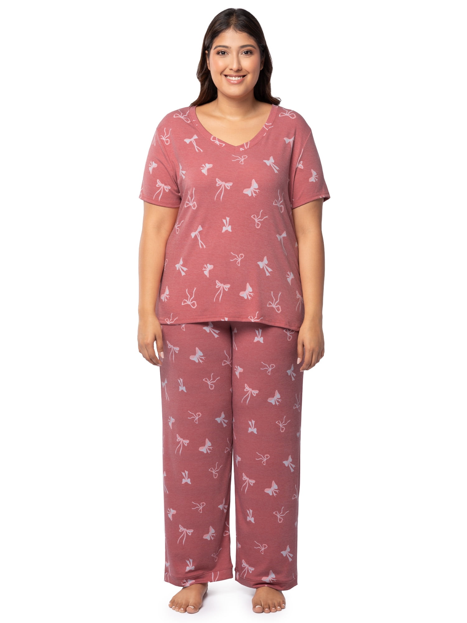 Fruit of the Loom Women's Soft & Breathable V-Neck Short Sleeve Top & Pajama Pant Set, Sizes S-4X