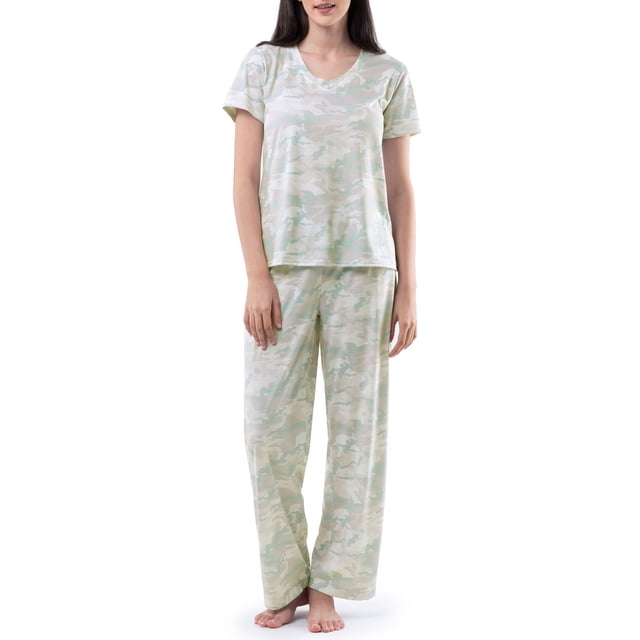 Fruit of the Loom Women's Soft & Breathable V-Neck Short Sleeve Top & Pajama Pant Set, Sizes S-4X
