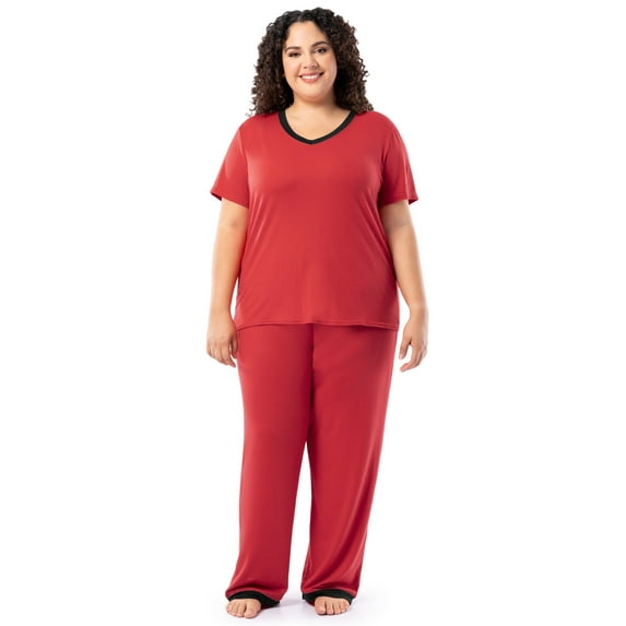 Fruit of the Loom Women's Soft & Breathable V-Neck Short Sleeve Top & Pajama Pant Set, Sizes S-4X