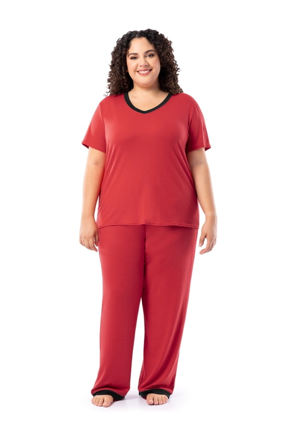 Women's Soft & Breathable V-Neck Short Sleeve Top & Pajama Pant Set, Sizes S-4X