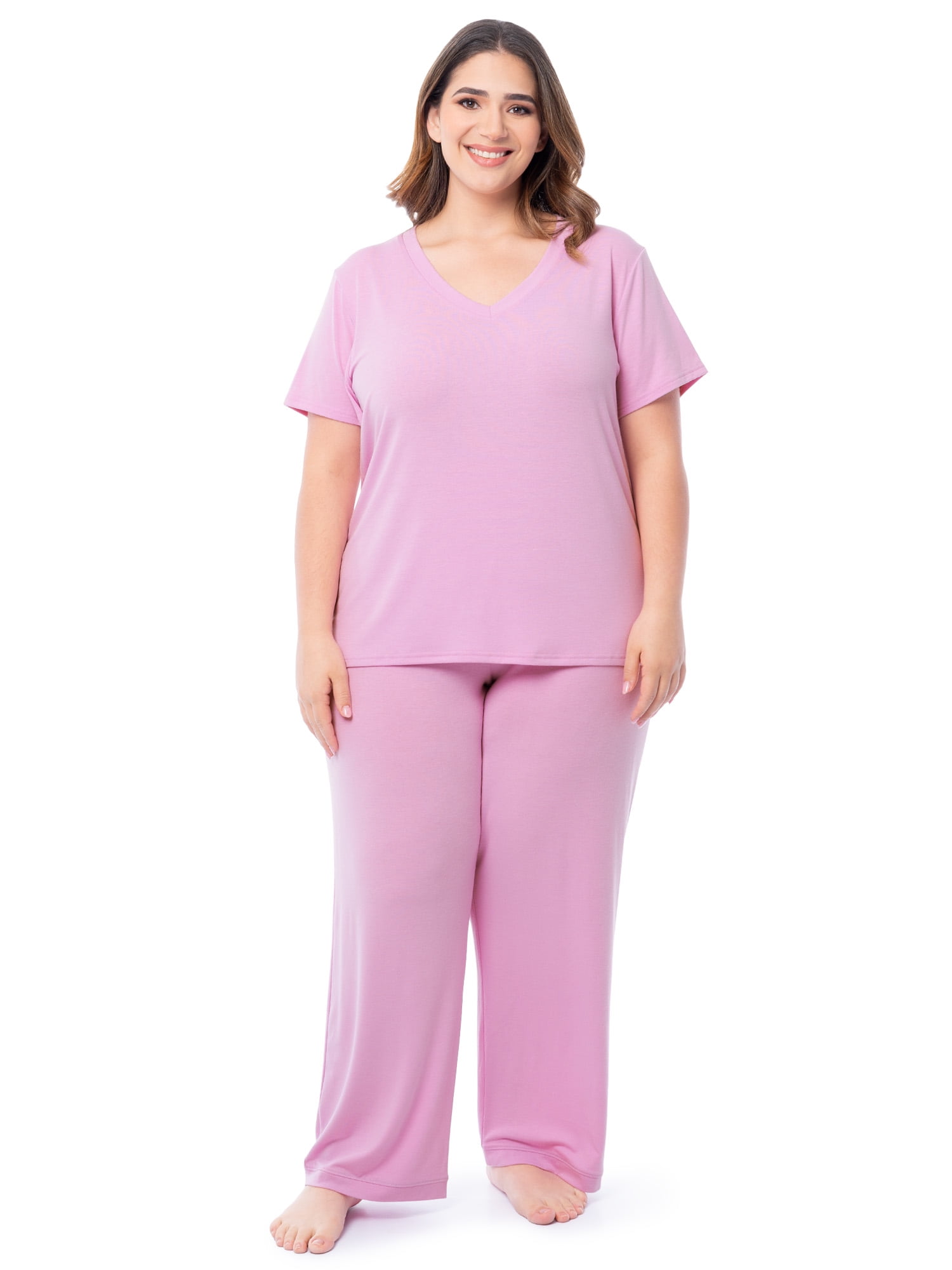 Fruit of the Loom Women's Soft & Breathable V-Neck Short Sleeve Top & Pajama Pant Set, Sizes S-4X