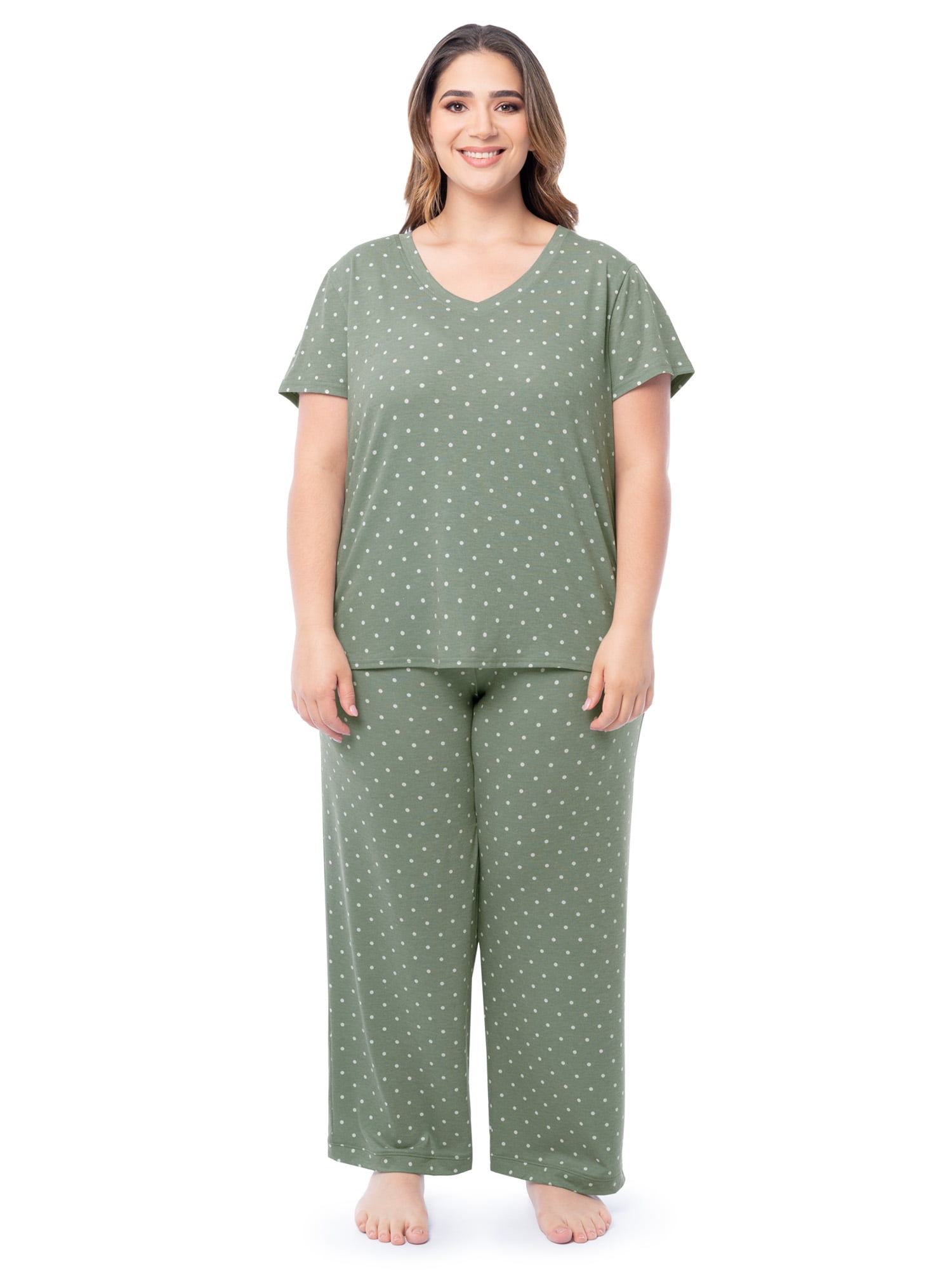 Fruit of the Loom Women's Soft & Breathable V-Neck Short Sleeve Top & Pajama Pant Set, Sizes S-4X