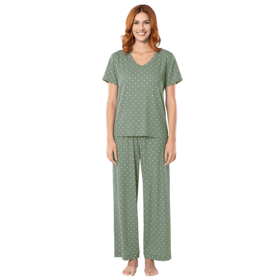 Fruit of the Loom Women's Soft & Breathable V-Neck Short Sleeve Top & Pajama Pant Set, Sizes S-4X