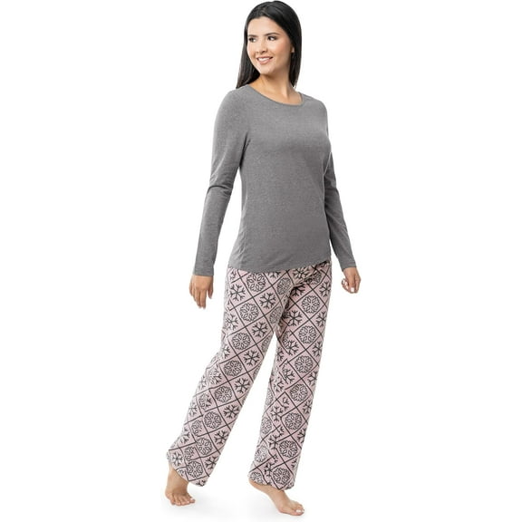 Fruit of the Loom Women's Sueded Jersey Crew Top and Fleece Pant Sleep Set, Heather Grey/Snowflake, X-Large