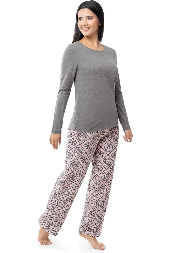 Women's Sueded Jersey Crew Top and Fleece Pant Sleep Set, Heather Grey/Snowflake, X-Large