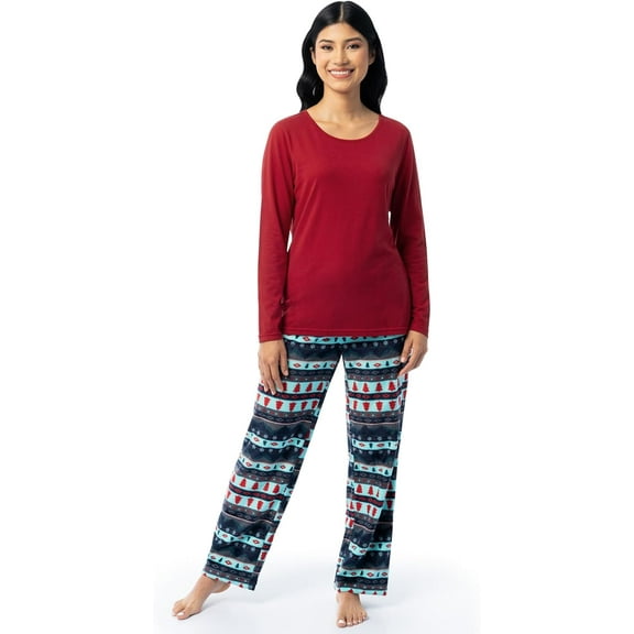 Fruit of the Loom Women's Sueded Jersey Crew Top and Fleece Pant Sleep Set, Red/Winter Fairisle, Large