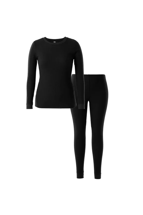 Women's and Plus Long Underwear Waffle Thermal Top and Bottom Set - Black