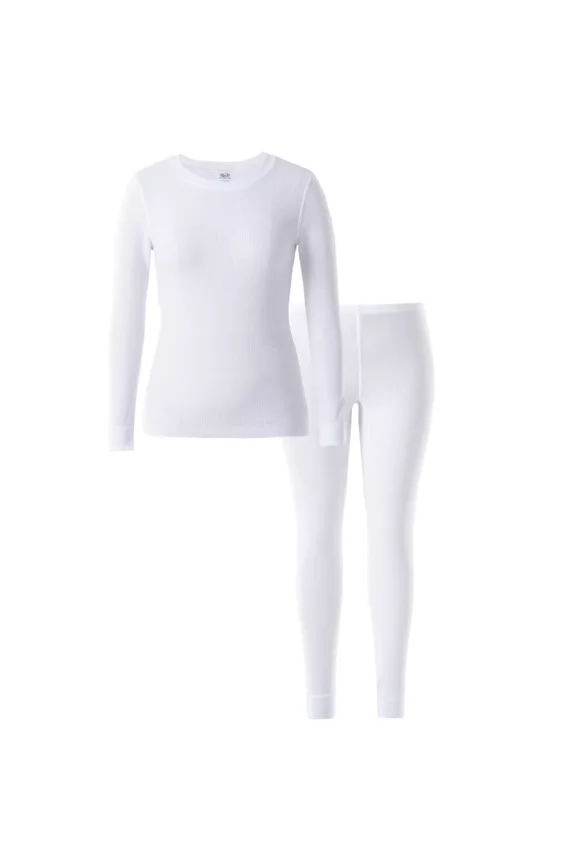 Women's and Plus Long Underwear Waffle Thermal Top and Bottom Set - White