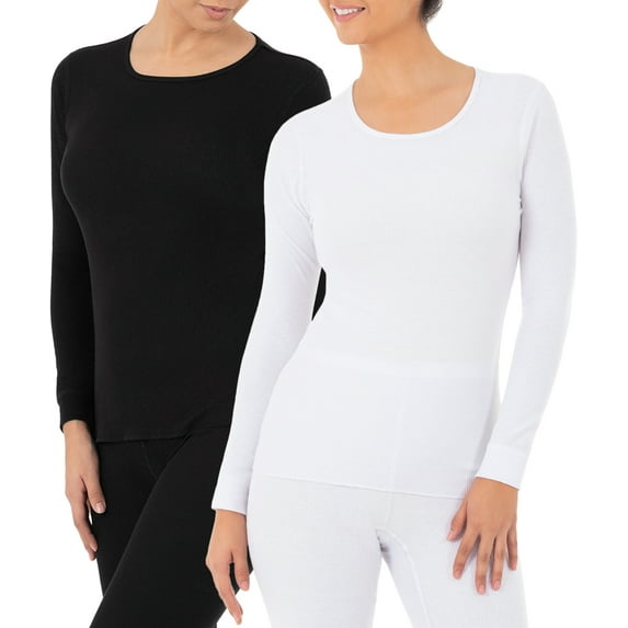 Fruit of the Loom Women's and Women's Plus Long Underwear Waffle Crew Neck Thermal Top, 2-Pack