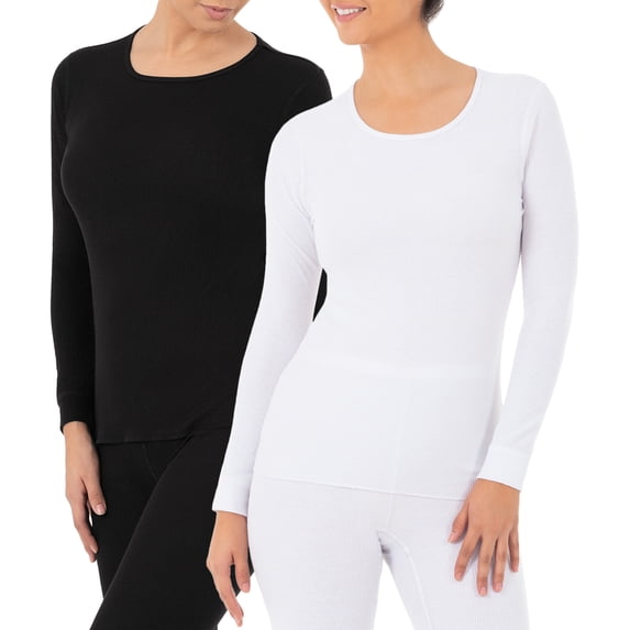 Fruit of the Loom Women's and Women's Plus Long Underwear Waffle Crew Neck Thermal Top, 2-Pack
