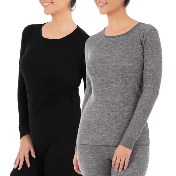 Fruit of the Loom Women's and Women's Plus Long Underwear Waffle Crew Neck Thermal Top, 2-Pack