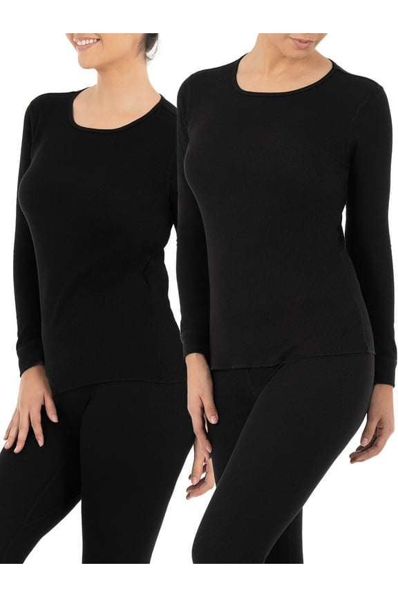 Women's and Women's Plus Long Underwear Waffle Crew Neck Thermal Top, 2-Pack