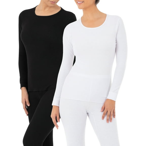 Fruit of the Loom Women's and Women's Plus Long Underwear Waffle Crew Neck Thermal Top, 2-Pack