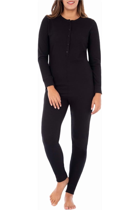 womens Micro Waffle Premium Thermal Union Suit - Black
