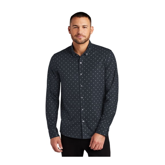 MERCER+METTLE Unisex Stretch Jersey Long Sleeve Shirt | Button Down Work Shirt for Men & Women, Long Sleeve Jersey Top - Navy Geo Diamond XS