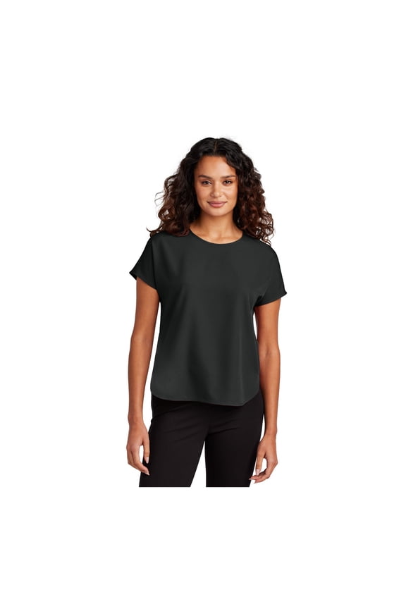 Women's Stretch Crepe Crew | Lightweight Short Sleeve Top for Women, Dressy T-Shirt for Work & Casual Wear - Deep Black M