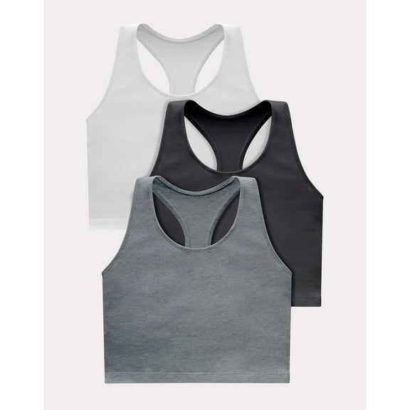 Hanes Originals Women's Racerback Crop Tank Top with Built-In Bra, 3-Pack Concrete Heather/White/Black L