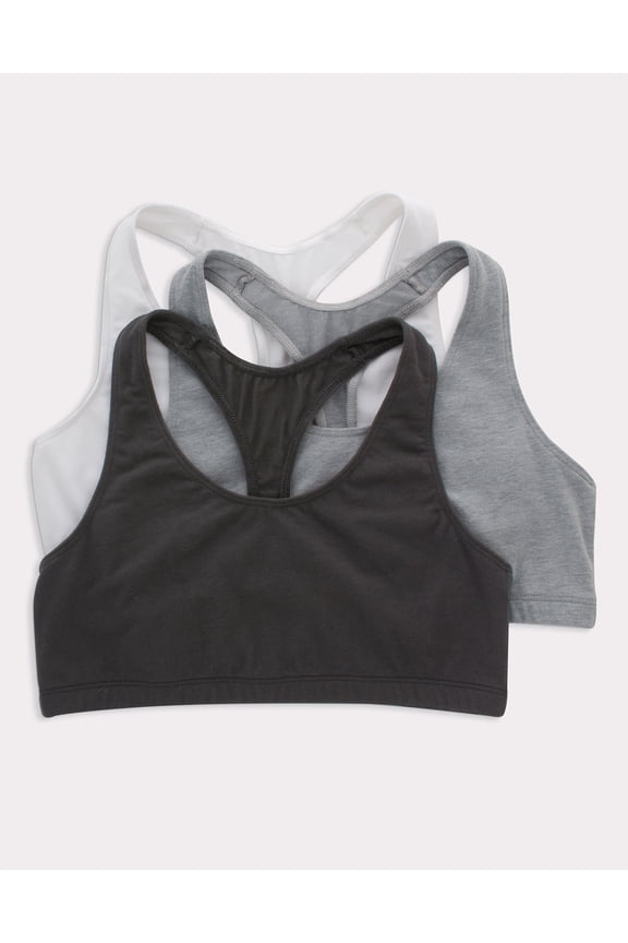 Women's Cotton Racerback Sports Bralette, Low Impact, 3-Pack White/Concrete Pe Heather/Black XS