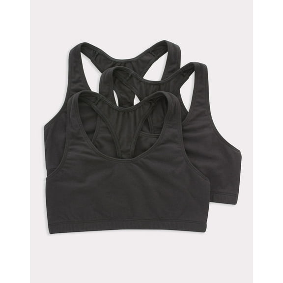 Hanes Women's Cotton Racerback Sports Bralette, Low Impact, 3-Pack Black/Black/Black 2XL