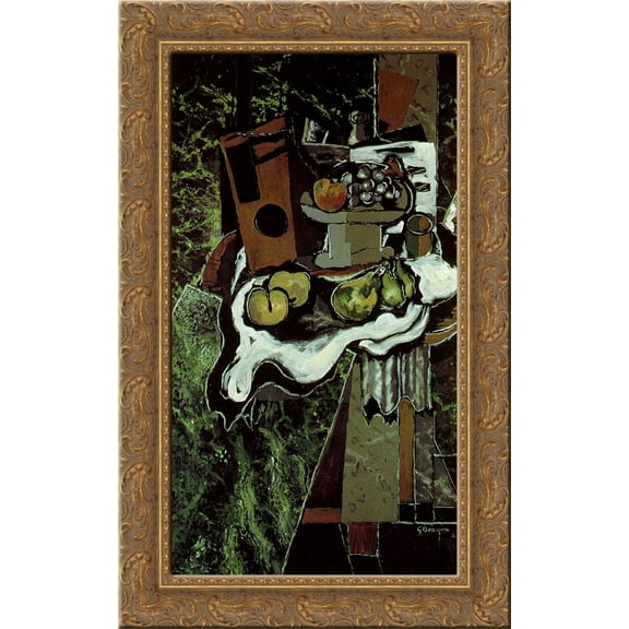 Fruit on a Tablecloth with a Fruitdish 24x16 Gold Ornate Wood Framed Canvas Art by Georges Braque
