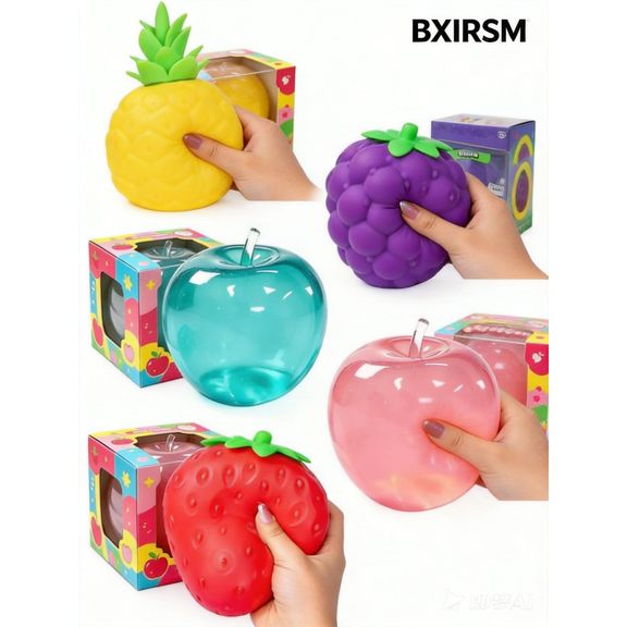Fruit squishy Toys 5 Pack Set,Slow Rebound Clear Fruit Squeeze Fidget Toy,Pineapple/Grape/Blue Apple/Pink Apple/Strawberry Squeeze Fidget Toys for Kids and Adults Anxiety Relief