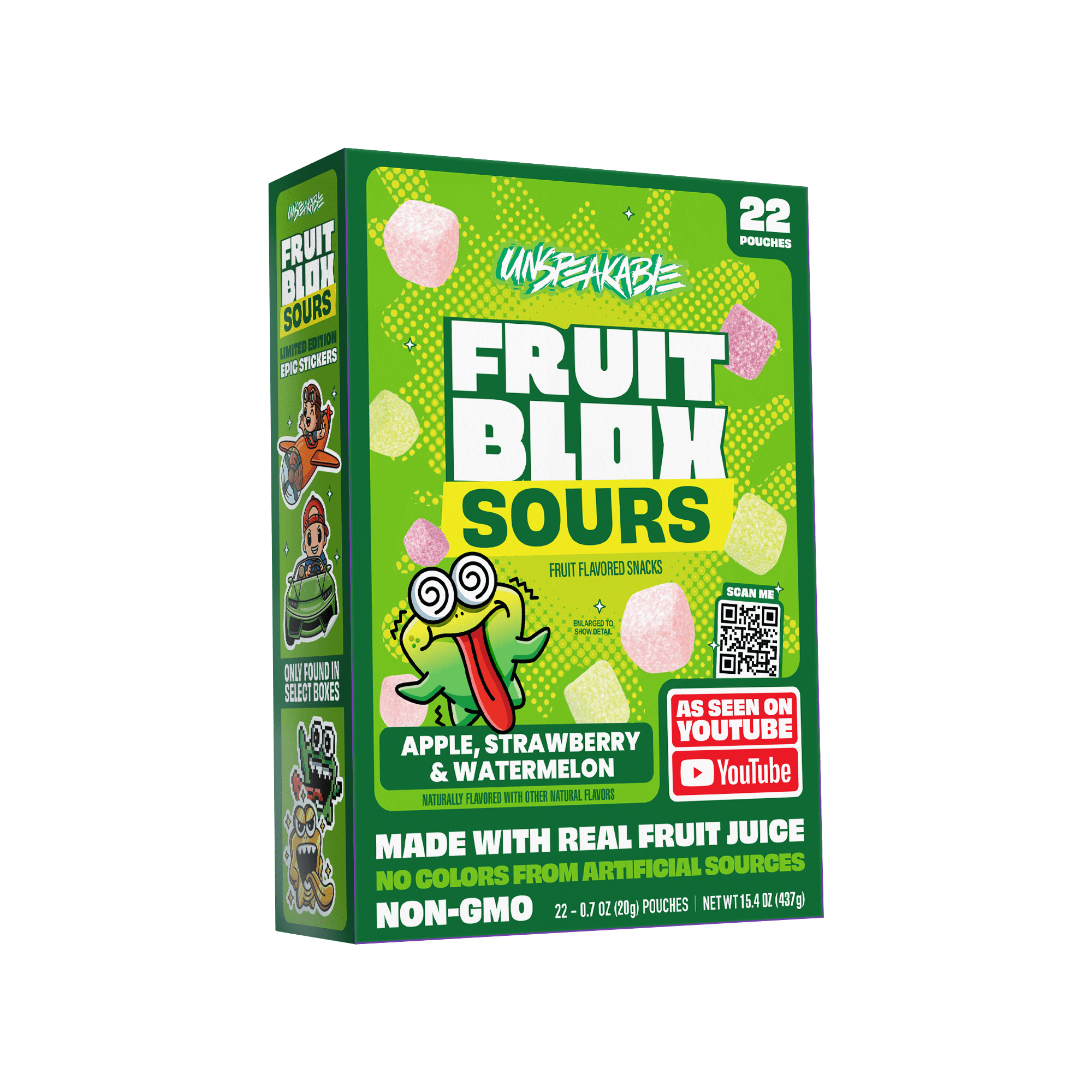FruitBlox Unspeakable Sour Fruit Snacks, Apple Strawberry & Watermelon, 22 Count