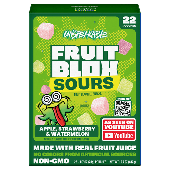 FruitBlox Unspeakable Sour Fruit Snacks, Apple Strawberry and Watermelon, 22 Count