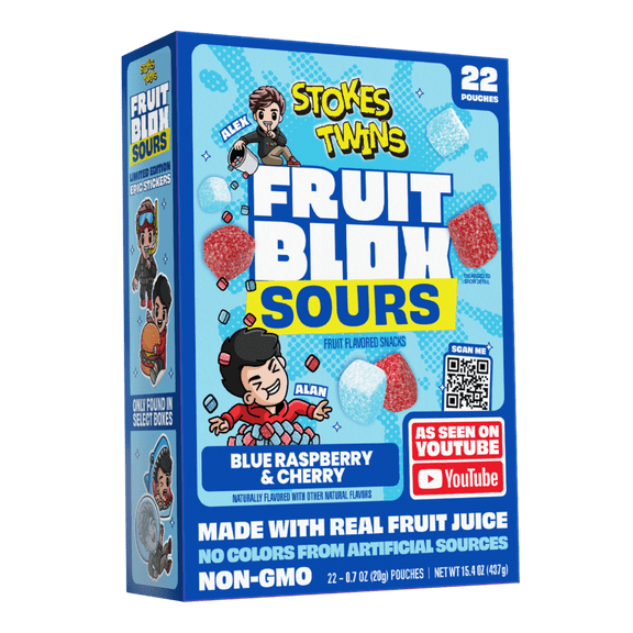 FruitBlox Stokes Twins Sour Fruit Snacks, Blue Raspberry and Cherry, 22 Count