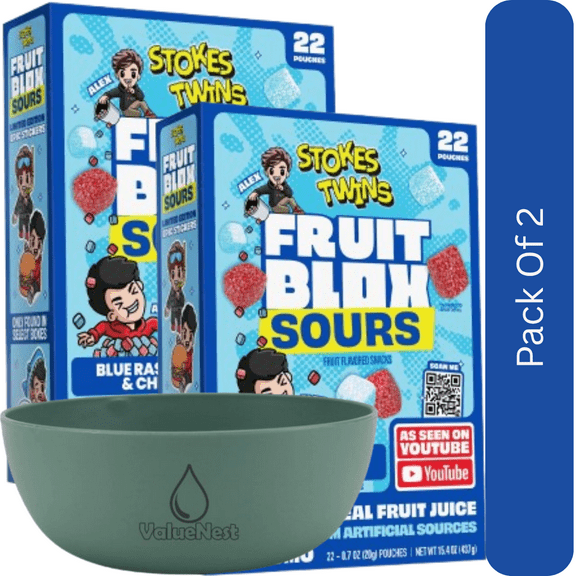 FruitBlox Stokes Twins Sour Chewy Fruit Snacks Blue Raspberry and Cherry 22 Count with Green Olive Bowl by ValueNest