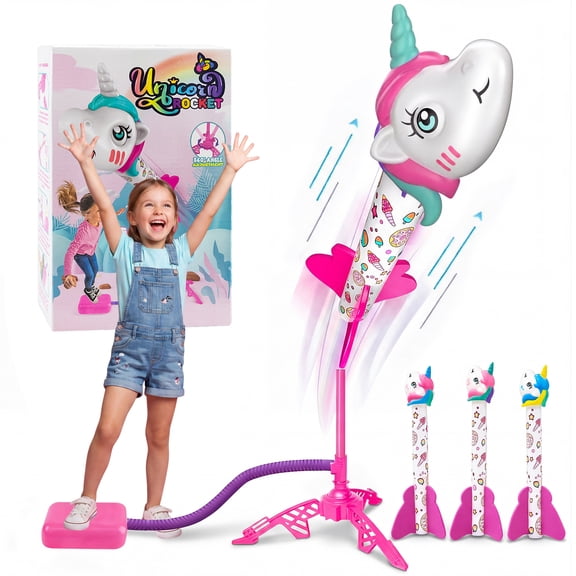 FruitLa Pink Unicorn Fly Rocket Launcher for Kids, Tripod Stand & 3 Foam Rockets, Air Powered Outdoor Toy for Girls Ages 3-8
