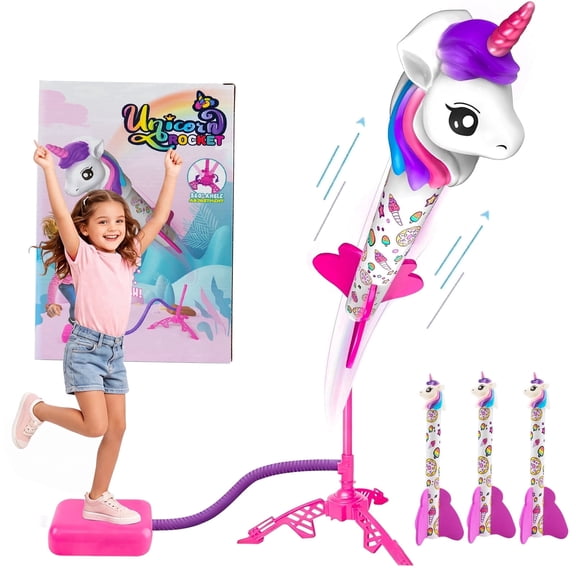 FruitLa Pink Unicorn Fly Rocket Launcher for Kids, Tripod Stand & 3 Foam Rockets, Air Powered Outdoor Toy for Girls Ages 3-8