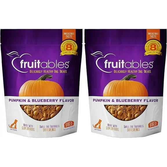 Fruitables Baked Dog Treats - Pumpkin Treats for Dogs - Healthy Low Calorie - Free of Wheat, Corn and Soy - Pumpkin and Blueberry - 12 Ounces (2 Pack)