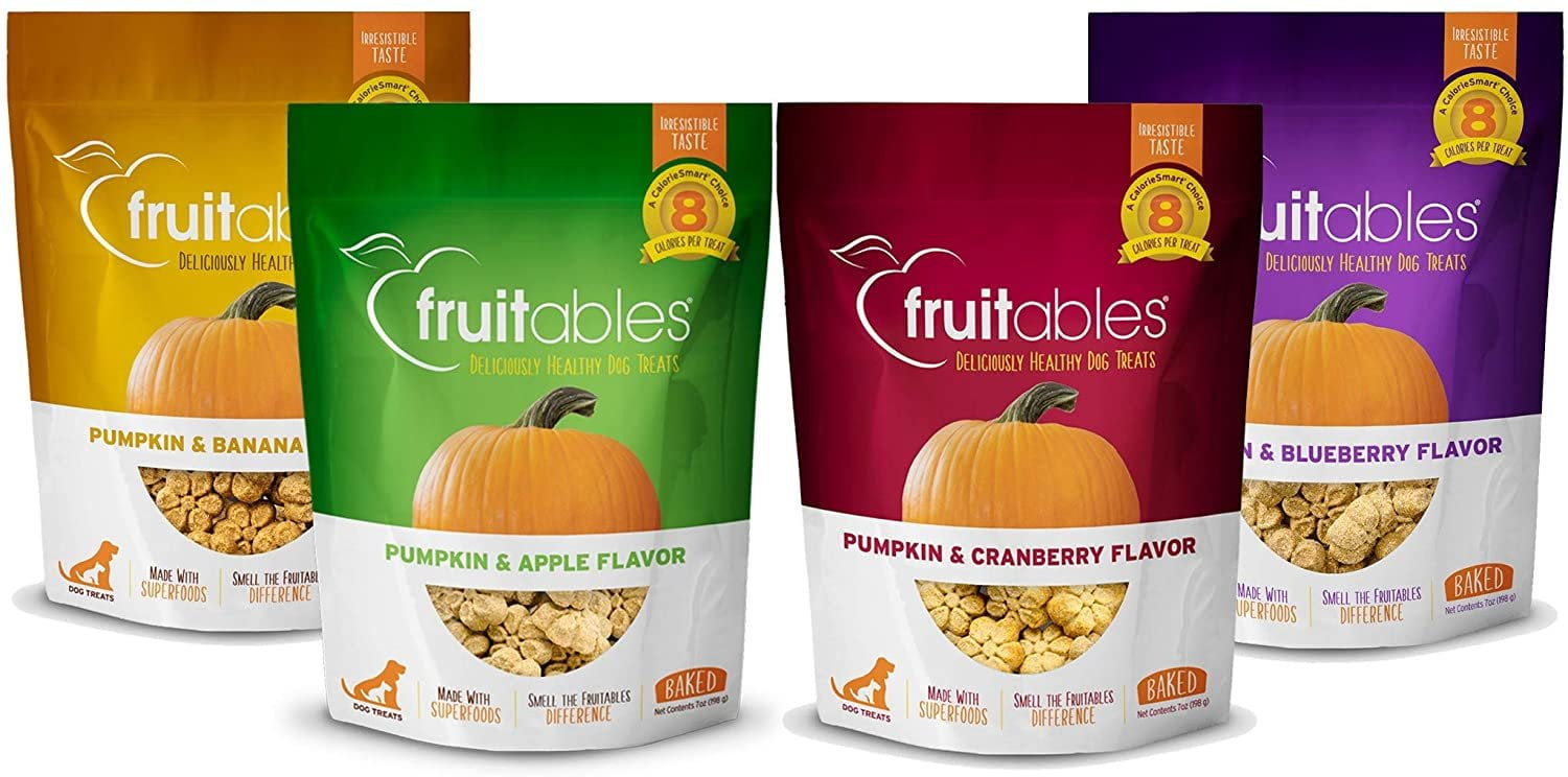 Fruitables Baked Dog Treats Variety 4 Pack - 1 Pumpkin & Apple - 1 Pumpkin & Banana - 1 Pumpkin & Blueberry - 1 Pumpkin & Cranberry - 7 oz Each