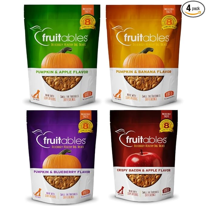 Fruitables Crunchy Dog Treats, (4) 12oz bag Variety Pack (Apple/Bacon, Pumpkin/Blueberry, Pumpkin/Banana, and Pumpkin/Apple)