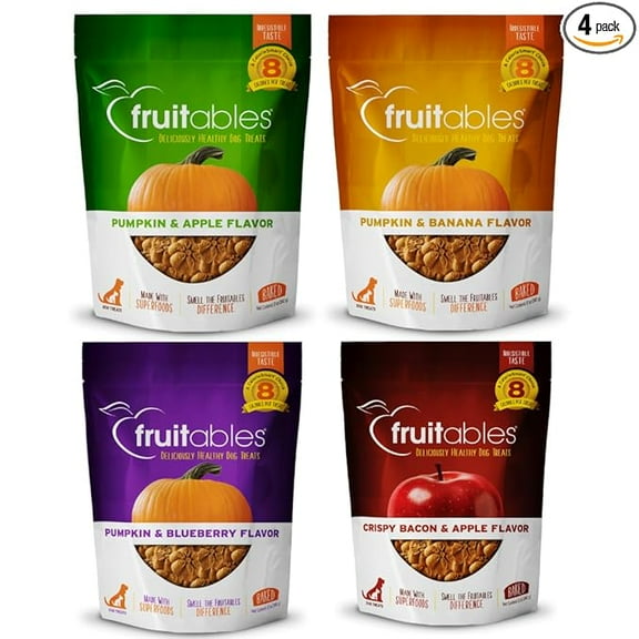Fruitables Crunchy Dog Treats, (4) 12oz bag Variety Pack (Apple/Bacon, Pumpkin/Blueberry, Pumpkin/Banana, and Pumpkin/Apple)