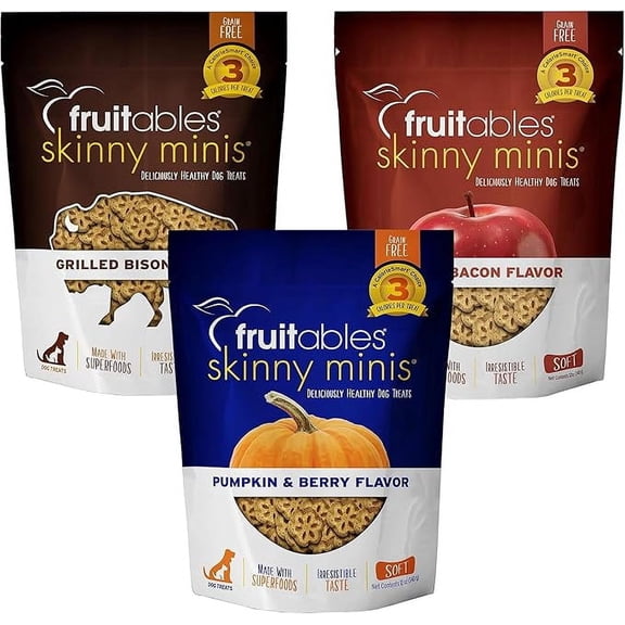 Fruitables Skinny Mini Low Calorie Dog Treats, Soft Sweet Potato Training Treats for Dogs, 12 oz, Variety Pack of 3
