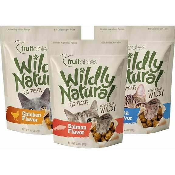 Fruitables Wildly Natural Cat Treat Variety Pack with Chicken, Tuna and Salmon, 3 Pack, (1) 2.5 Ounce Bag of Each Flavor