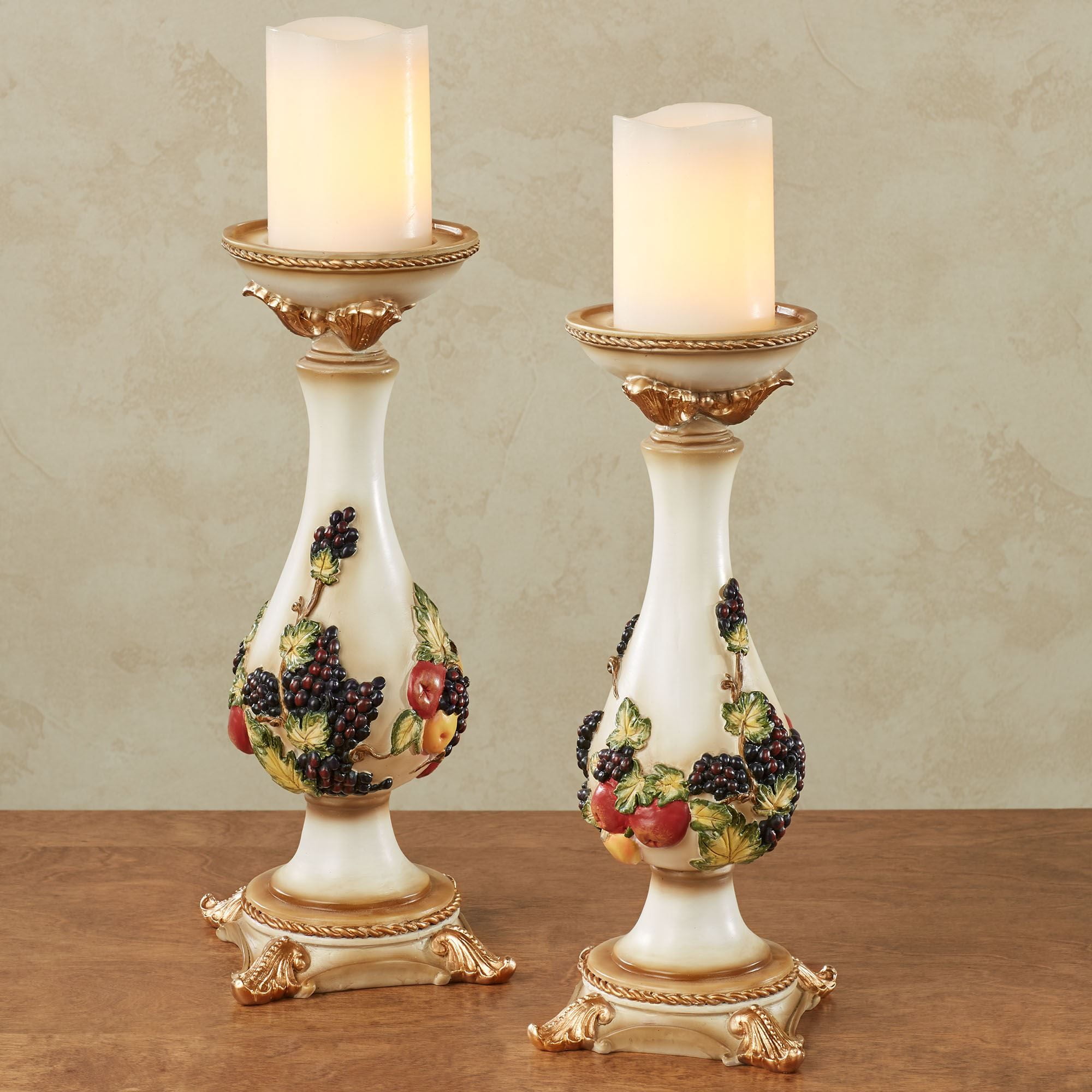 Antique Beige and Gold Fruit Motif Candle Holders Pair