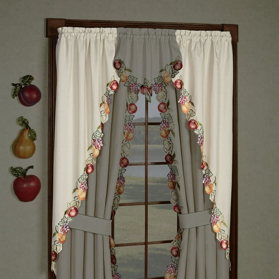 Fruitful Embroidered Slubbed Oatmeal Window Swag Valance Pair 60 x 63