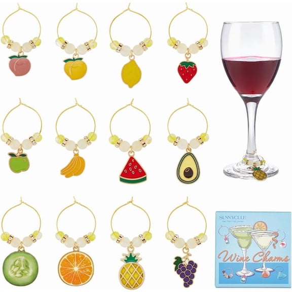Fruits Alloy Enamel Wine Glass Charms with Glass Beads and Brass Wine Glass Charms Ring Mixed Color 46~55mm 12pcs/set