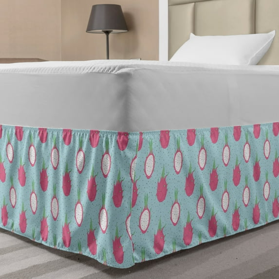 Fruits Bed Skirt, Hand Drawn Like Sketch of Exotic Dragon Fruit on Dotted Backdrop, Elastic Bedskirt Dust Ruffle Wrap Around for Bedding Decor, 4 Sizes, Pale Blue and Pastel Pink, by Ambesonne