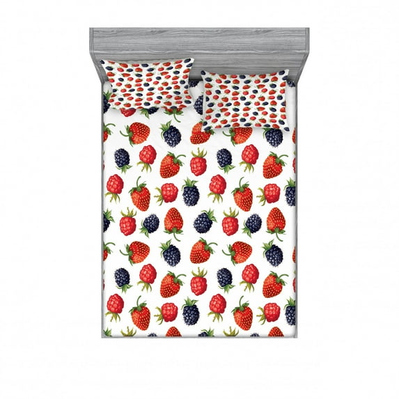 Fruits Bedding Set with Sheet & Covers, Delicious Ripe Berry Print Strawberries Raspberries Blackberries Summer Fruits Image, Printed Bedroom Decor 2 Shams, 4 Sizes, Plum Red, by Ambesonne