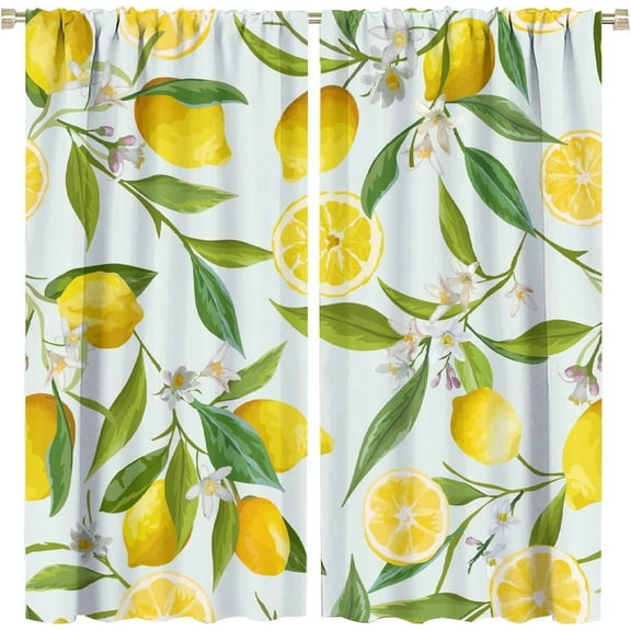 Fruits Blackout Curtains Summer Fruit Lemons Flowers Leaves Yellow Green Art Print for Living Room Bedroom Kitchen Decor Rod Pocket Window Drapes 2 Panels 84x84in